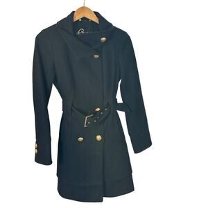Guess Women’s Wool Blend Coat Small Black Gold Buttons Belted Classic